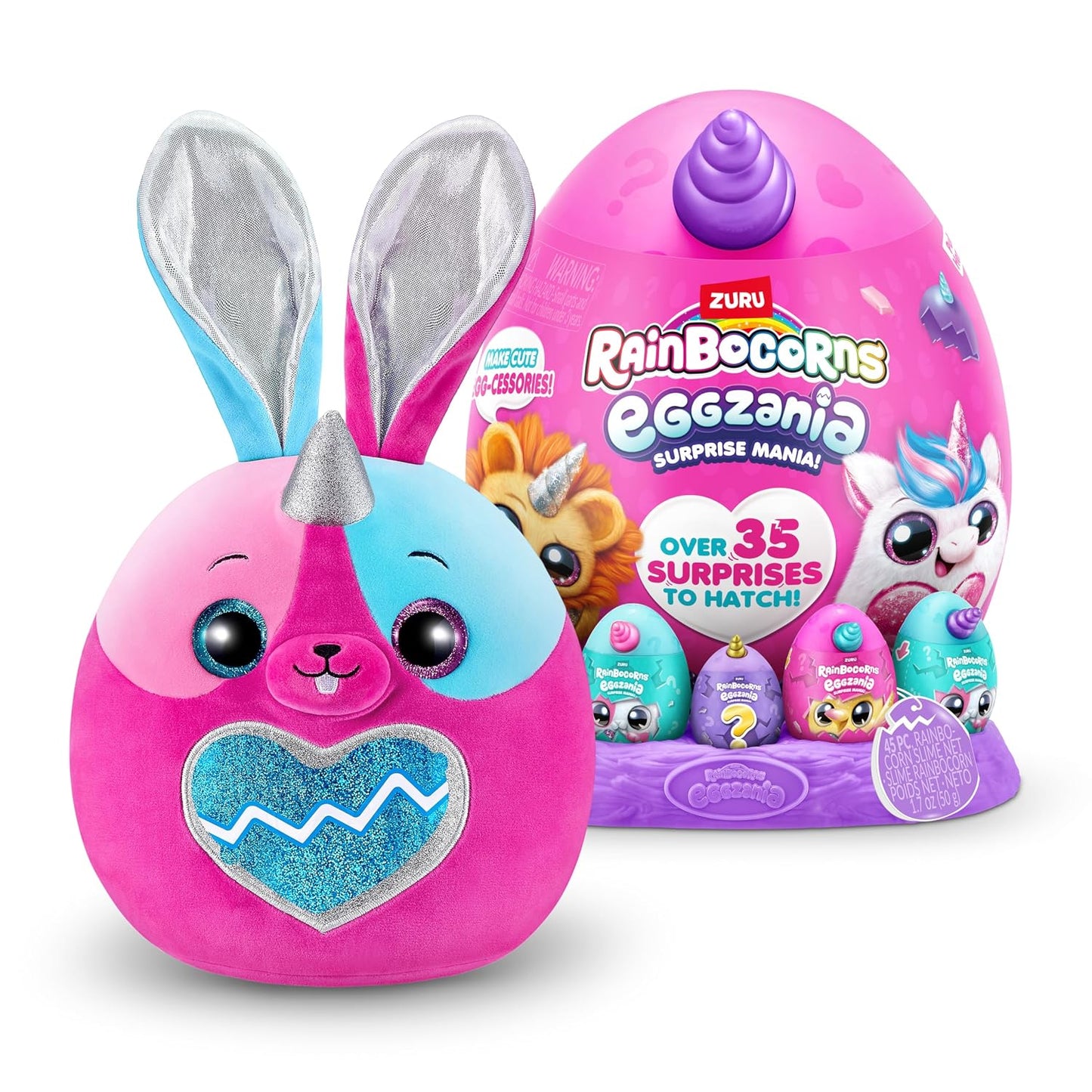 Rainbocorns Eggzania Surprise Mania Whipper the Bunny - Collectible Plush - Over 20 Surprises Inside, 28 cm, Cuddle Plush Stuffed Animal, Rings, Bracelets, Stickers, Wearable Accessories (Bunny)