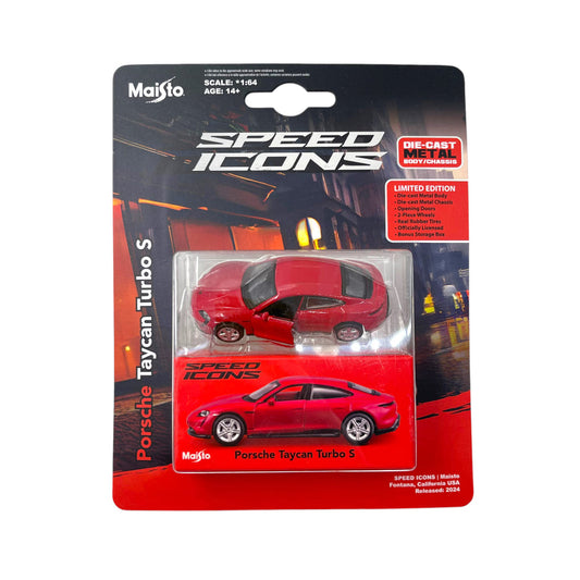Maisto Speed Icons Porsche Taycan Turbo S – Red, 1:64 Licensed Die‑Cast Model | Collector’s Premium