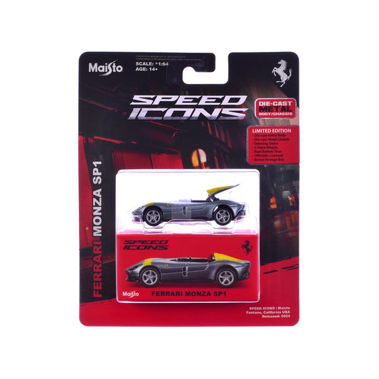Maisto 1:64 Ferrari Monza SP1 – Silver Metallic with Yellow Stripes | Speed Icons Diecast Model