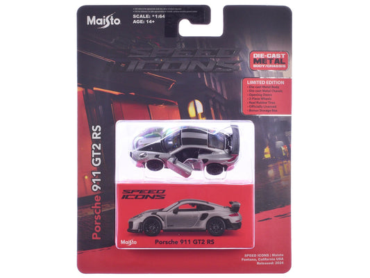 Porsche 911 GT2 RS – Silver Metallic w/ Carbon Stripes | Speed Icons Series 1:64 Diecast Model