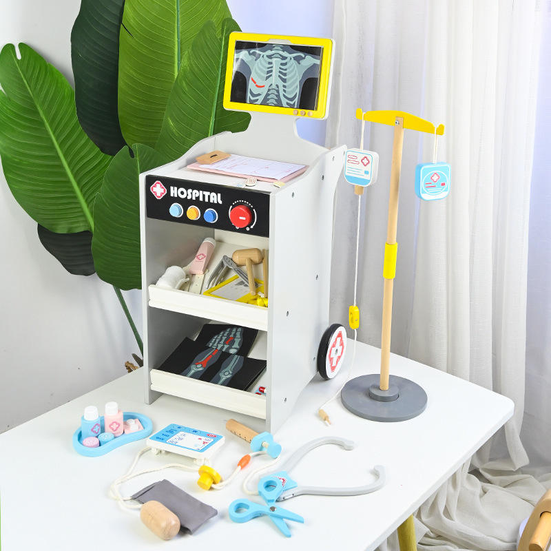 Wooden Kids Doctor Role Play Set with Hospital Cart, X-Ray Screen, Stethoscope, Thermometer & Medical Accessories