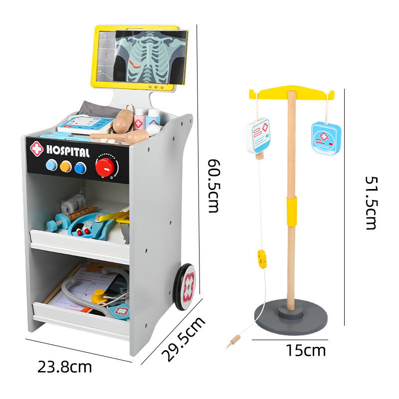 Wooden Kids Doctor Role Play Set with Hospital Cart, X-Ray Screen, Stethoscope, Thermometer & Medical Accessories