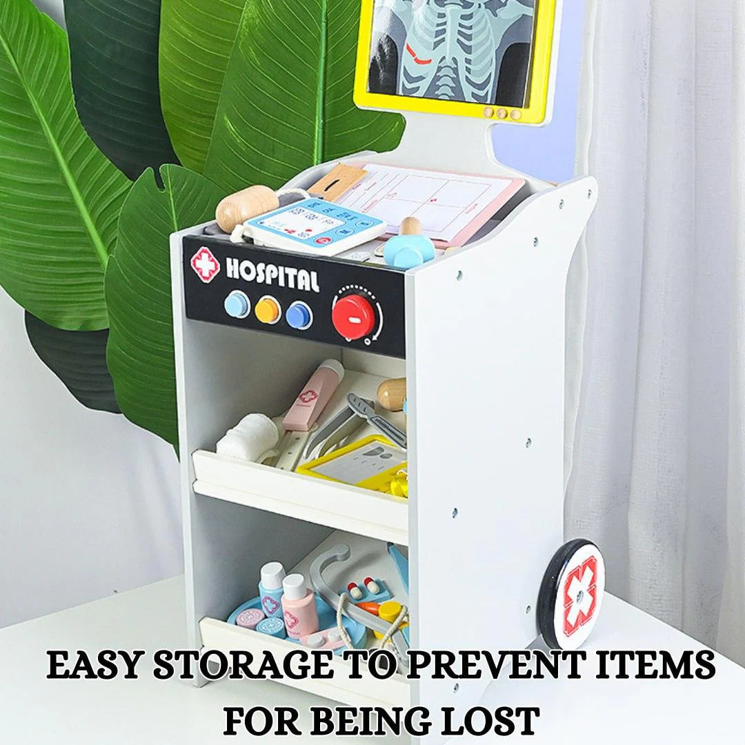 Wooden Kids Doctor Role Play Set with Hospital Cart, X-Ray Screen, Stethoscope, Thermometer & Medical Accessories