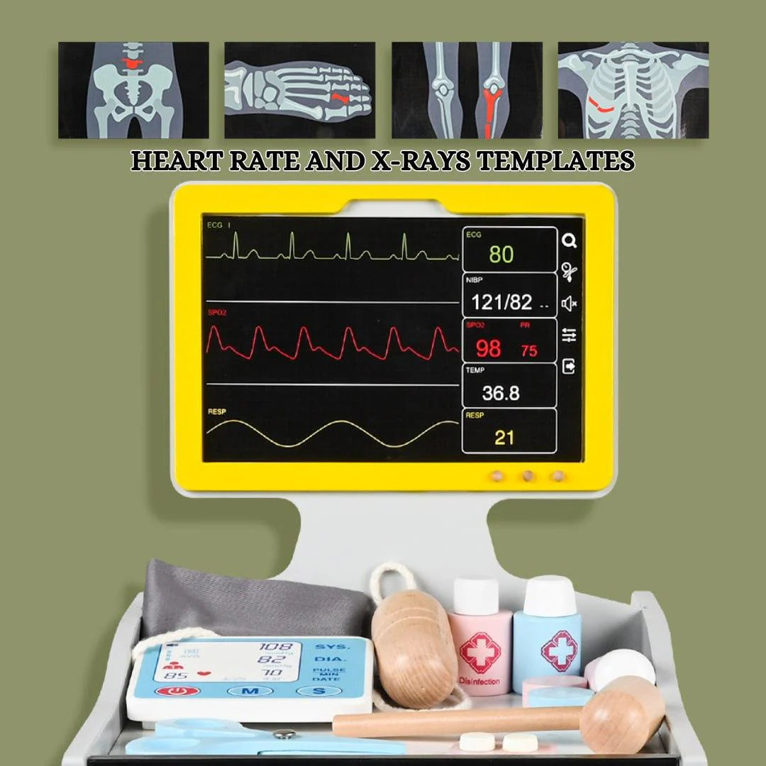 Wooden Kids Doctor Role Play Set with Hospital Cart, X-Ray Screen, Stethoscope, Thermometer & Medical Accessories