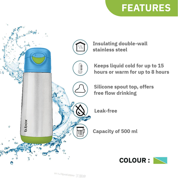 b.box Insulated Sport Spout Drink Water Bottle 500ml Ocean Breeze Blue Green