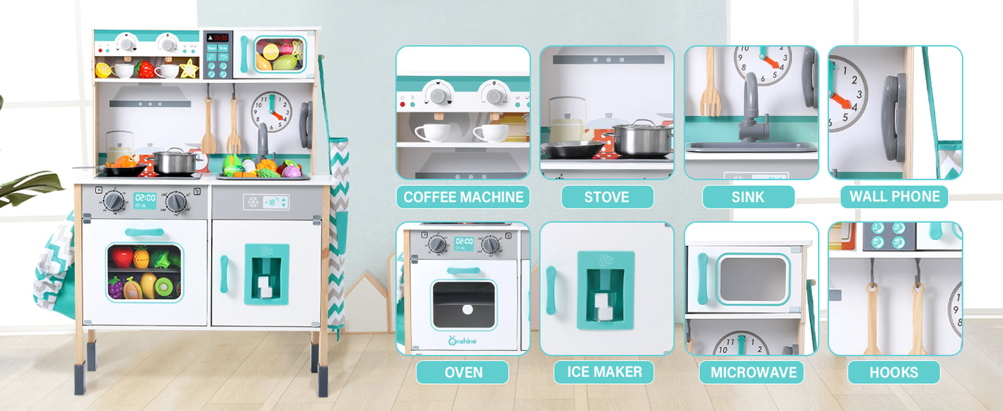 Wooden Play Kitchen Set for Toddlers, Chef Pretend Kitchen Playset for Kids with Pretend Ice Cube Dispenser, Oven, Coffee Machine, Stove, Faucet, Sink