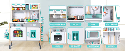 Wooden Play Kitchen Set for Toddlers, Chef Pretend Kitchen Playset for Kids with Pretend Ice Cube Dispenser, Oven, Coffee Machine, Stove, Faucet, Sink