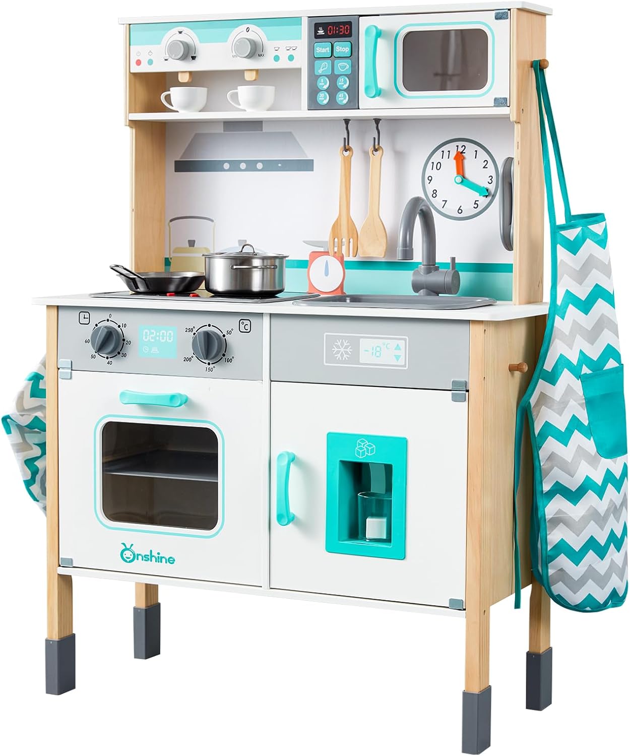 Wooden Play Kitchen Set for Toddlers, Chef Pretend Kitchen Playset for Kids with Pretend Ice Cube Dispenser, Oven, Coffee Machine, Stove, Faucet, Sink