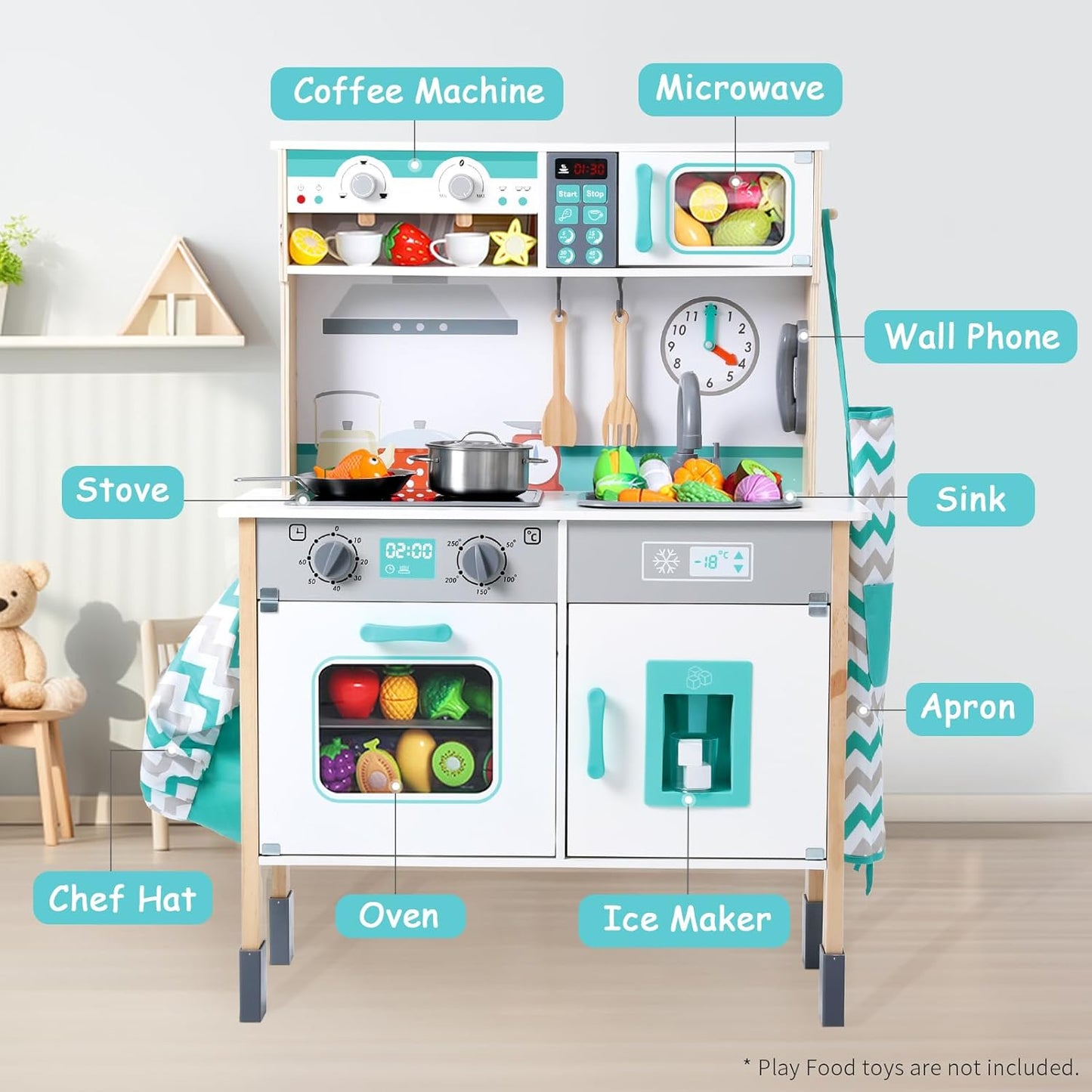 Wooden Play Kitchen Set for Toddlers, Chef Pretend Kitchen Playset for Kids with Pretend Ice Cube Dispenser, Oven, Coffee Machine, Stove, Faucet, Sink