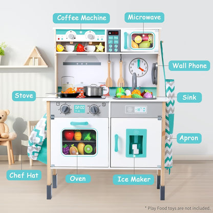 Wooden Play Kitchen Set for Toddlers, Chef Pretend Kitchen Playset for Kids with Pretend Ice Cube Dispenser, Oven, Coffee Machine, Stove, Faucet, Sink