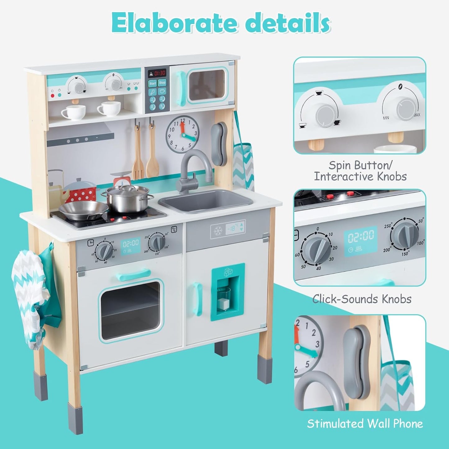 Wooden Play Kitchen Set for Toddlers, Chef Pretend Kitchen Playset for Kids with Pretend Ice Cube Dispenser, Oven, Coffee Machine, Stove, Faucet, Sink