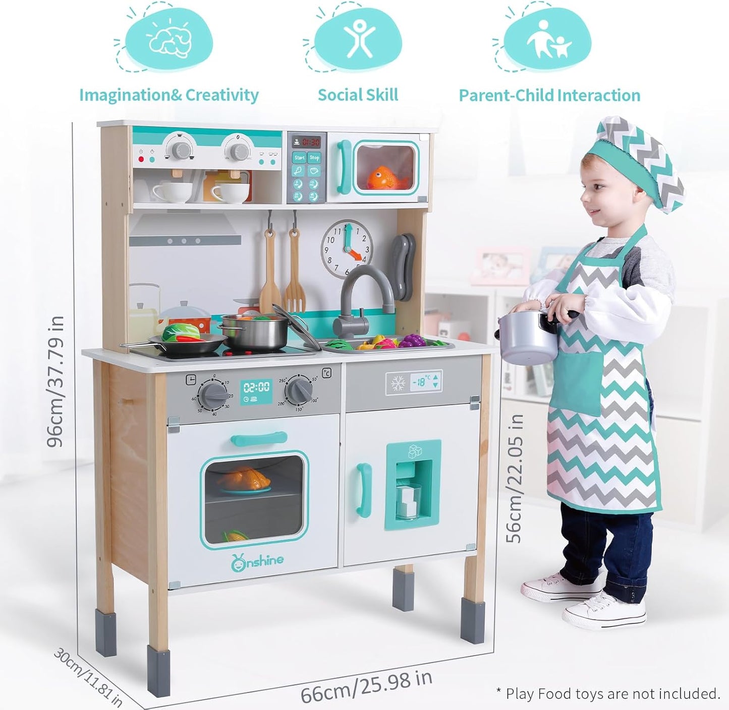 Wooden Play Kitchen Set for Toddlers, Chef Pretend Kitchen Playset for Kids with Pretend Ice Cube Dispenser, Oven, Coffee Machine, Stove, Faucet, Sink