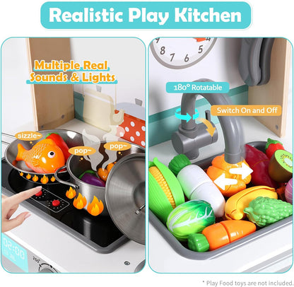 Wooden Play Kitchen Set for Toddlers, Chef Pretend Kitchen Playset for Kids with Pretend Ice Cube Dispenser, Oven, Coffee Machine, Stove, Faucet, Sink