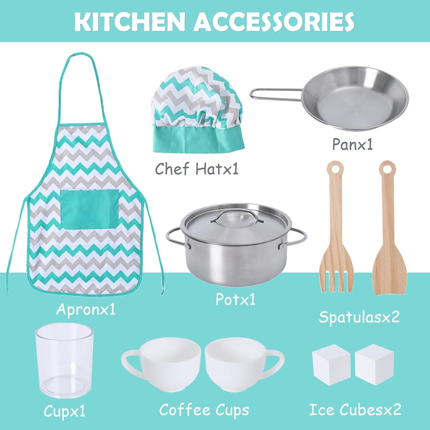 Wooden Play Kitchen Set for Toddlers, Chef Pretend Kitchen Playset for Kids with Pretend Ice Cube Dispenser, Oven, Coffee Machine, Stove, Faucet, Sink