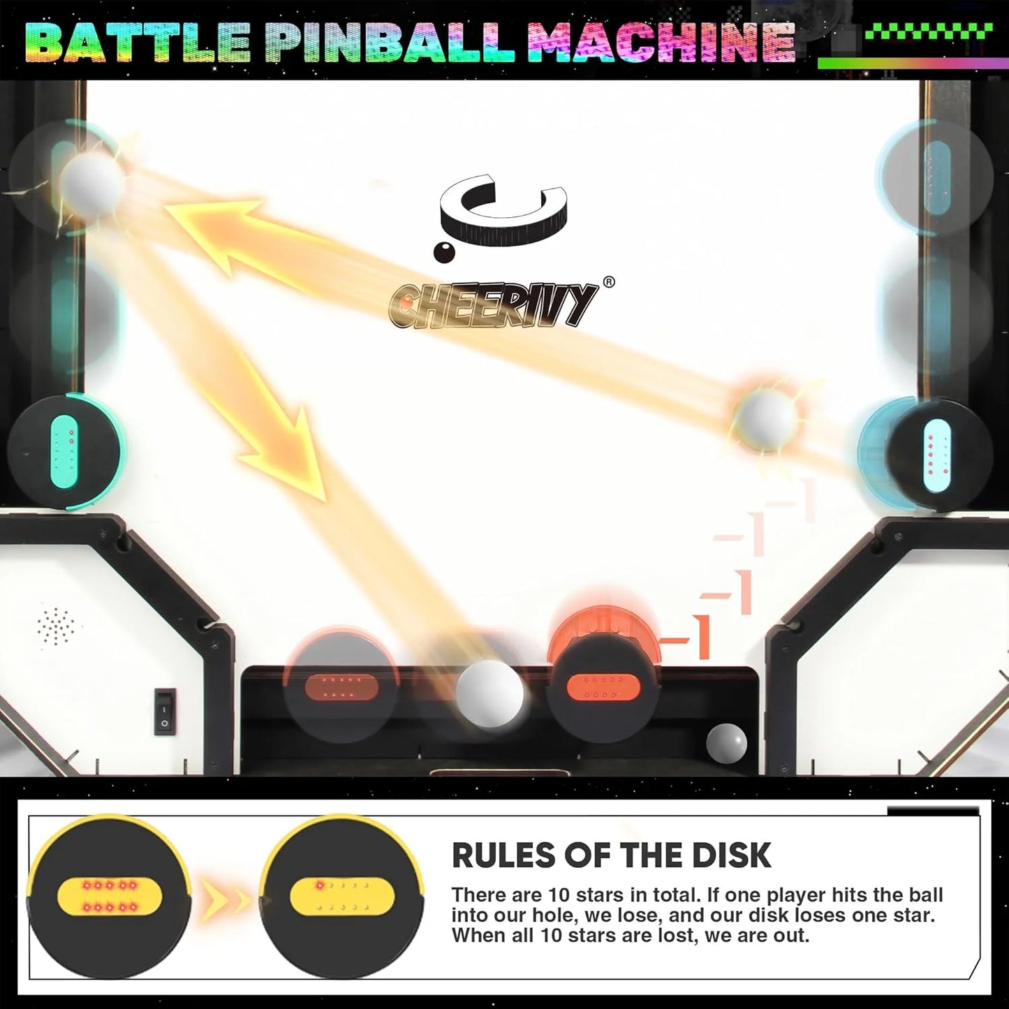 Battle Pinball Machine for 2–4 Players – Remote-Controlled Multiplayer Arcade Table Game with Automatic Scoring, Wooden Arena, Lights & Sound Effects