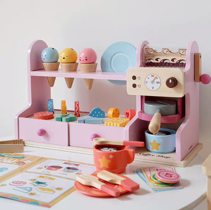 Wooden Kids Ice Cream & Coffee Shop Playset with Dessert Counter, Coffee Machine, Menu Card & Pretend Food Accessories