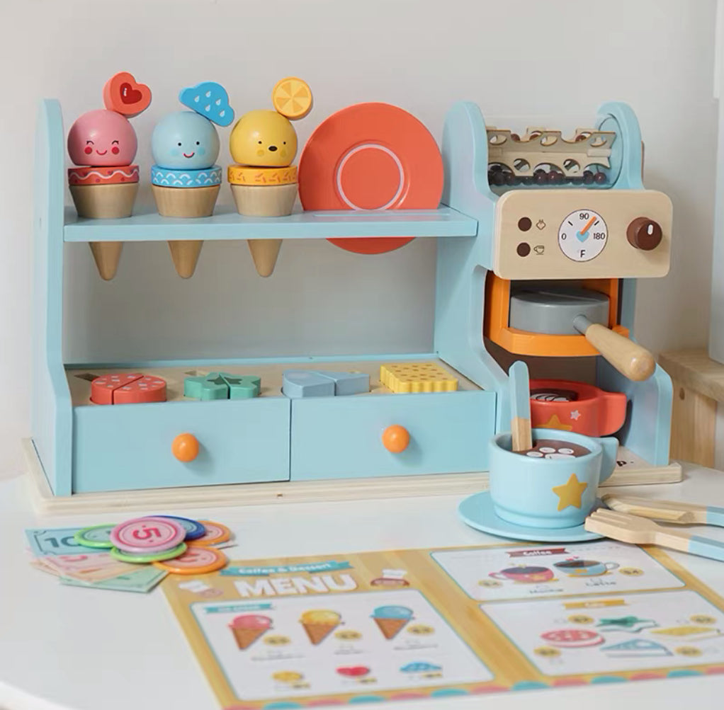 Wooden Kids Ice Cream & Coffee Shop Playset with Dessert Counter, Coffee Machine, Menu Card & Pretend Food Accessories
