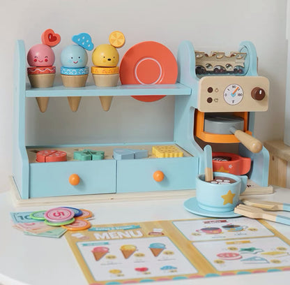 Wooden Kids Ice Cream & Coffee Shop Playset with Dessert Counter, Coffee Machine, Menu Card & Pretend Food Accessories