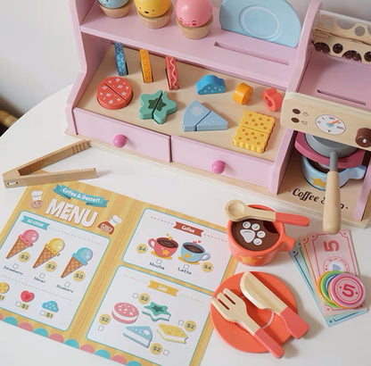 Wooden Kids Ice Cream & Coffee Shop Playset with Dessert Counter, Coffee Machine, Menu Card & Pretend Food Accessories