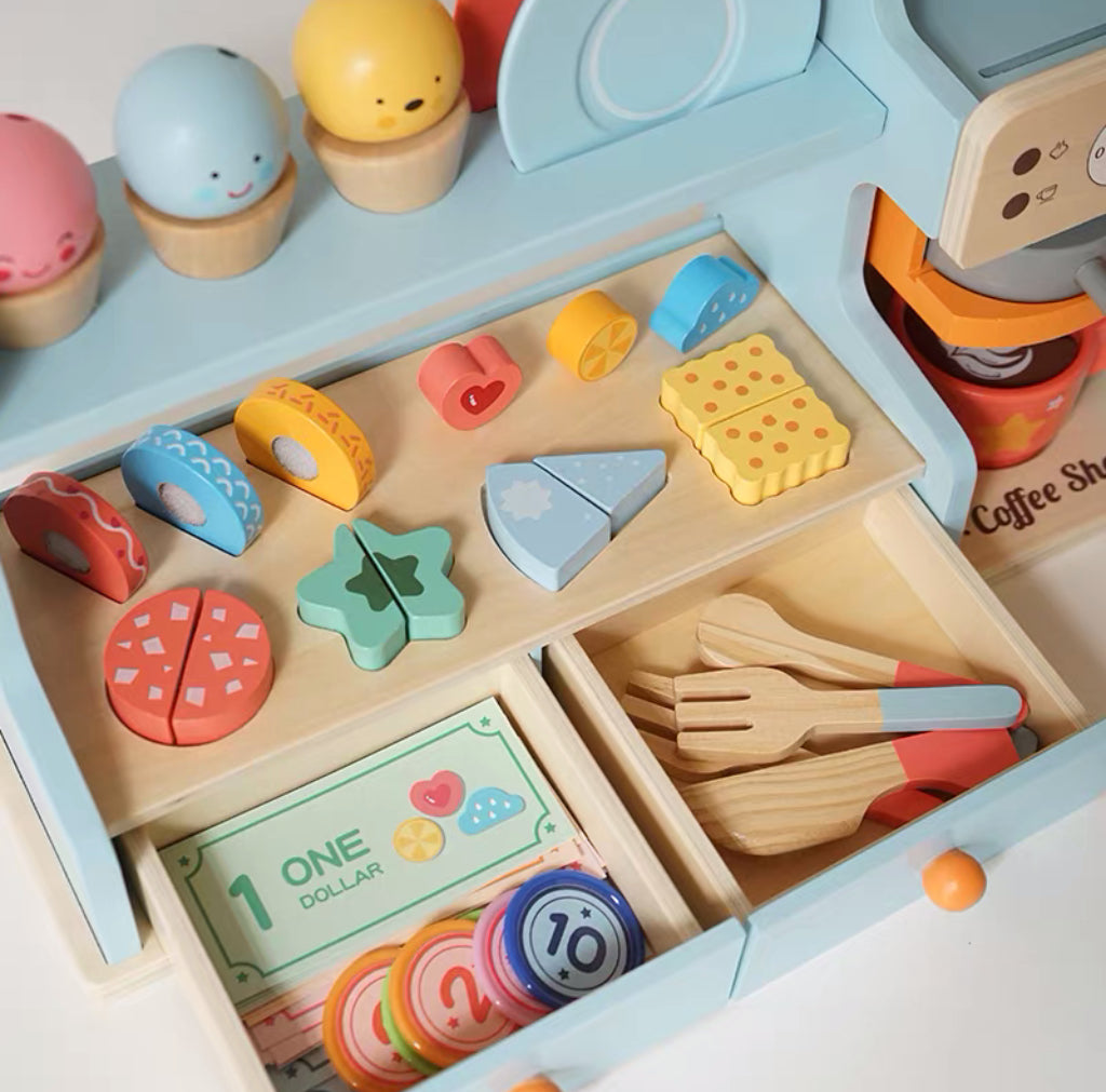 Wooden Kids Ice Cream & Coffee Shop Playset with Dessert Counter, Coffee Machine, Menu Card & Pretend Food Accessories
