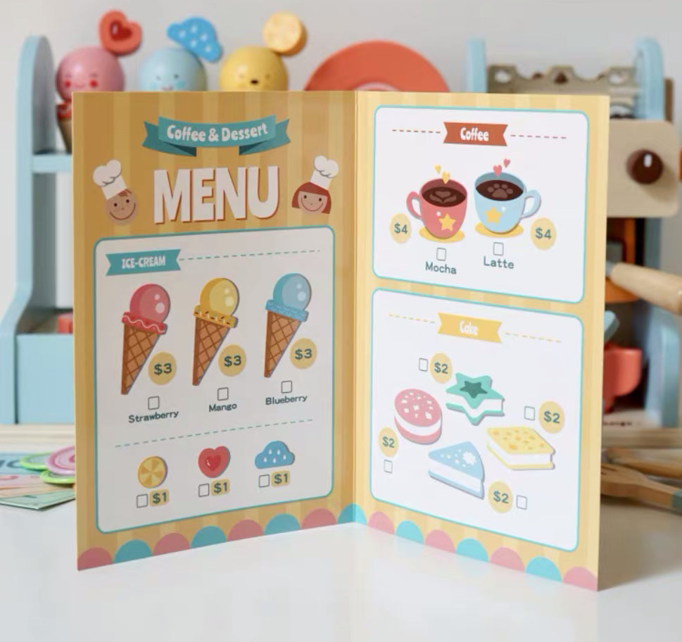 Wooden Kids Ice Cream & Coffee Shop Playset with Dessert Counter, Coffee Machine, Menu Card & Pretend Food Accessories
