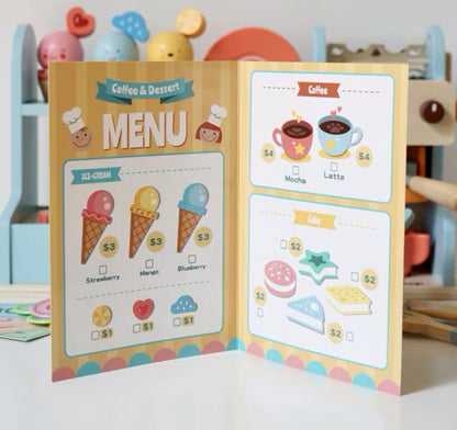 Wooden Kids Ice Cream & Coffee Shop Playset with Dessert Counter, Coffee Machine, Menu Card & Pretend Food Accessories