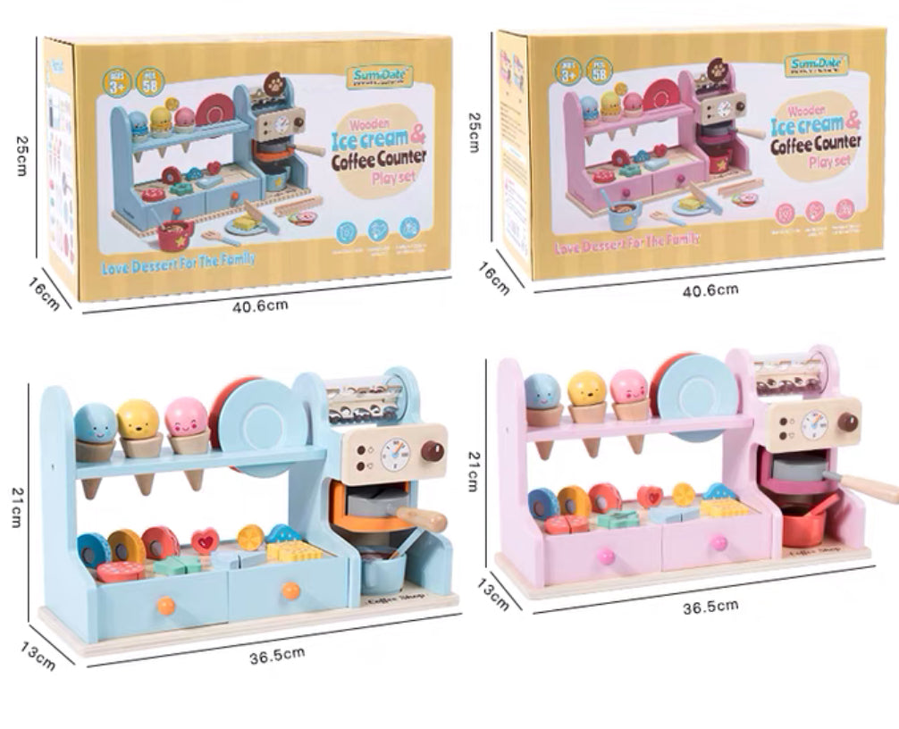 Wooden Kids Ice Cream & Coffee Shop Playset with Dessert Counter, Coffee Machine, Menu Card & Pretend Food Accessories