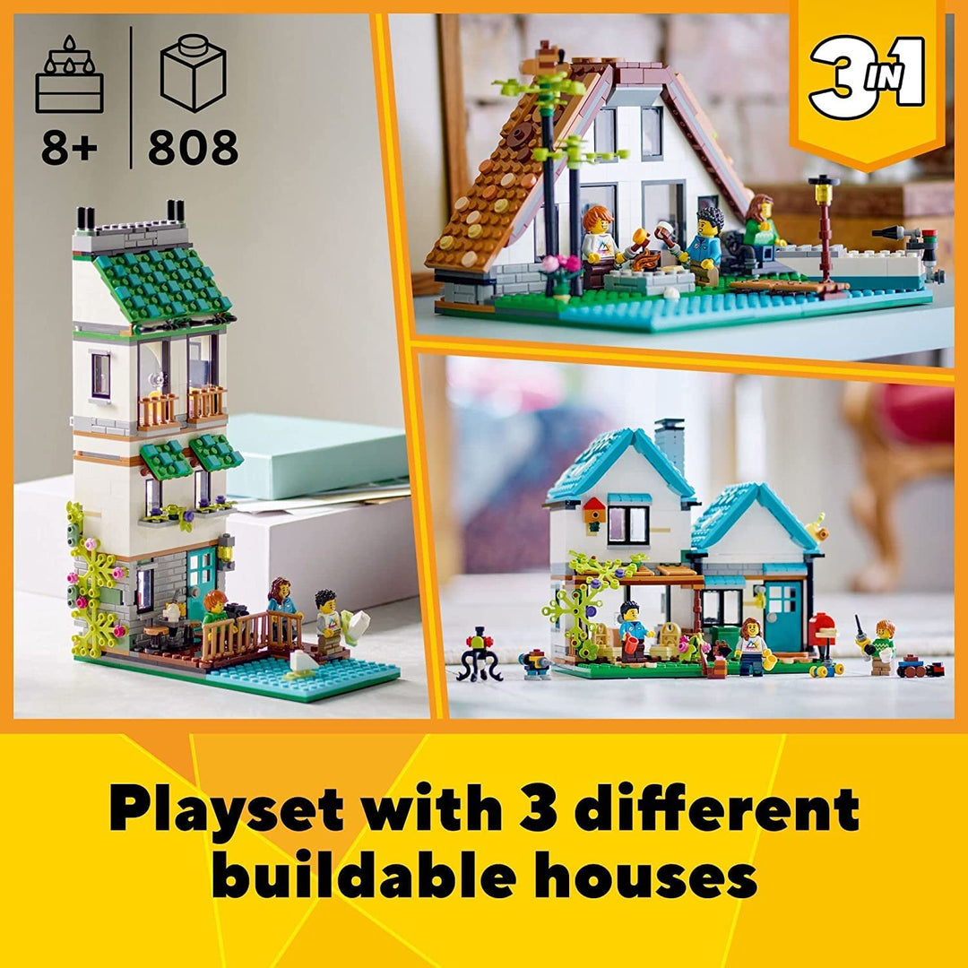 Lego Creator 3 in 1 Cozy House Toy Set 31139, Model Building Kit with 3 Different Houses Plus Family Minifigures and Accessories, Gift for Kids, Boys and Girls