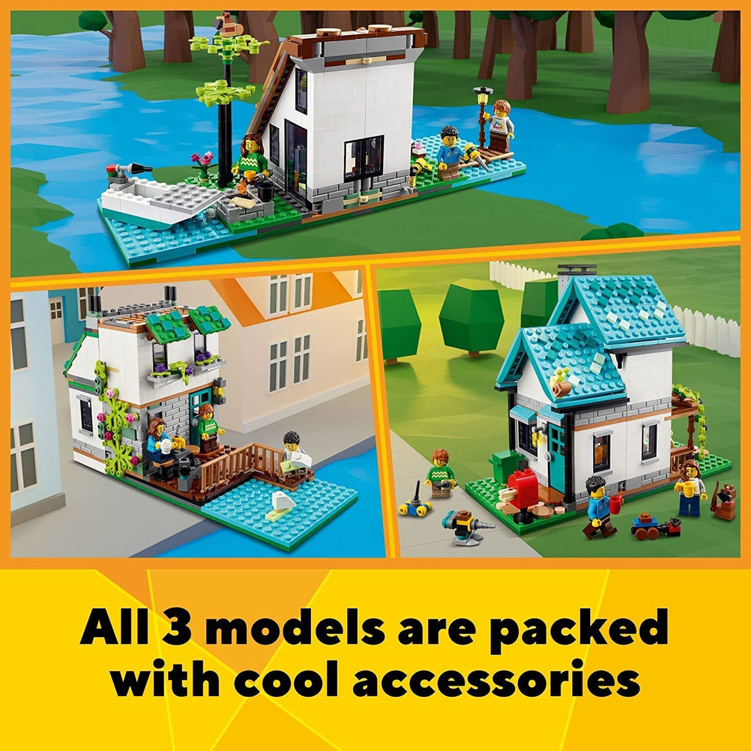 Lego Creator 3 in 1 Cozy House Toy Set 31139, Model Building Kit with 3 Different Houses Plus Family Minifigures and Accessories, Gift for Kids, Boys and Girls