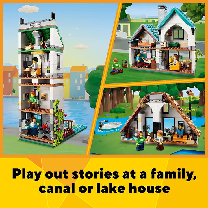 Lego Creator 3 in 1 Cozy House Toy Set 31139, Model Building Kit with 3 Different Houses Plus Family Minifigures and Accessories, Gift for Kids, Boys and Girls