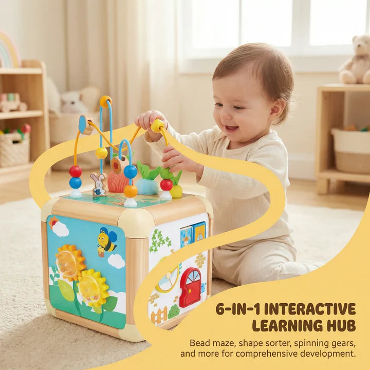 Hape Green Thumbs Wooden Activity Cube 6-in-1 Learning Toy with Bead Maze, Shape Sorter & Sensory Play for Toddlers