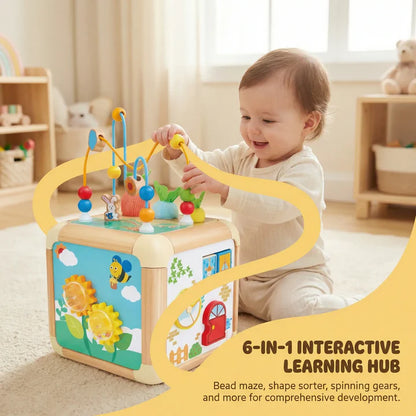 Hape Green Thumbs Wooden Activity Cube 6-in-1 Learning Toy with Bead Maze, Shape Sorter & Sensory Play for Toddlers