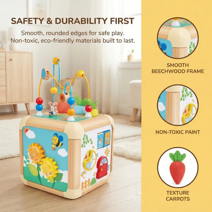 Hape Green Thumbs Wooden Activity Cube 6-in-1 Learning Toy with Bead Maze, Shape Sorter & Sensory Play for Toddlers