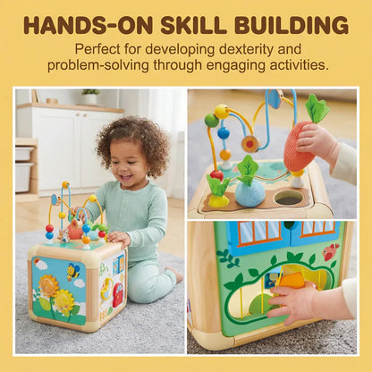 Hape Green Thumbs Wooden Activity Cube 6-in-1 Learning Toy with Bead Maze, Shape Sorter & Sensory Play for Toddlers