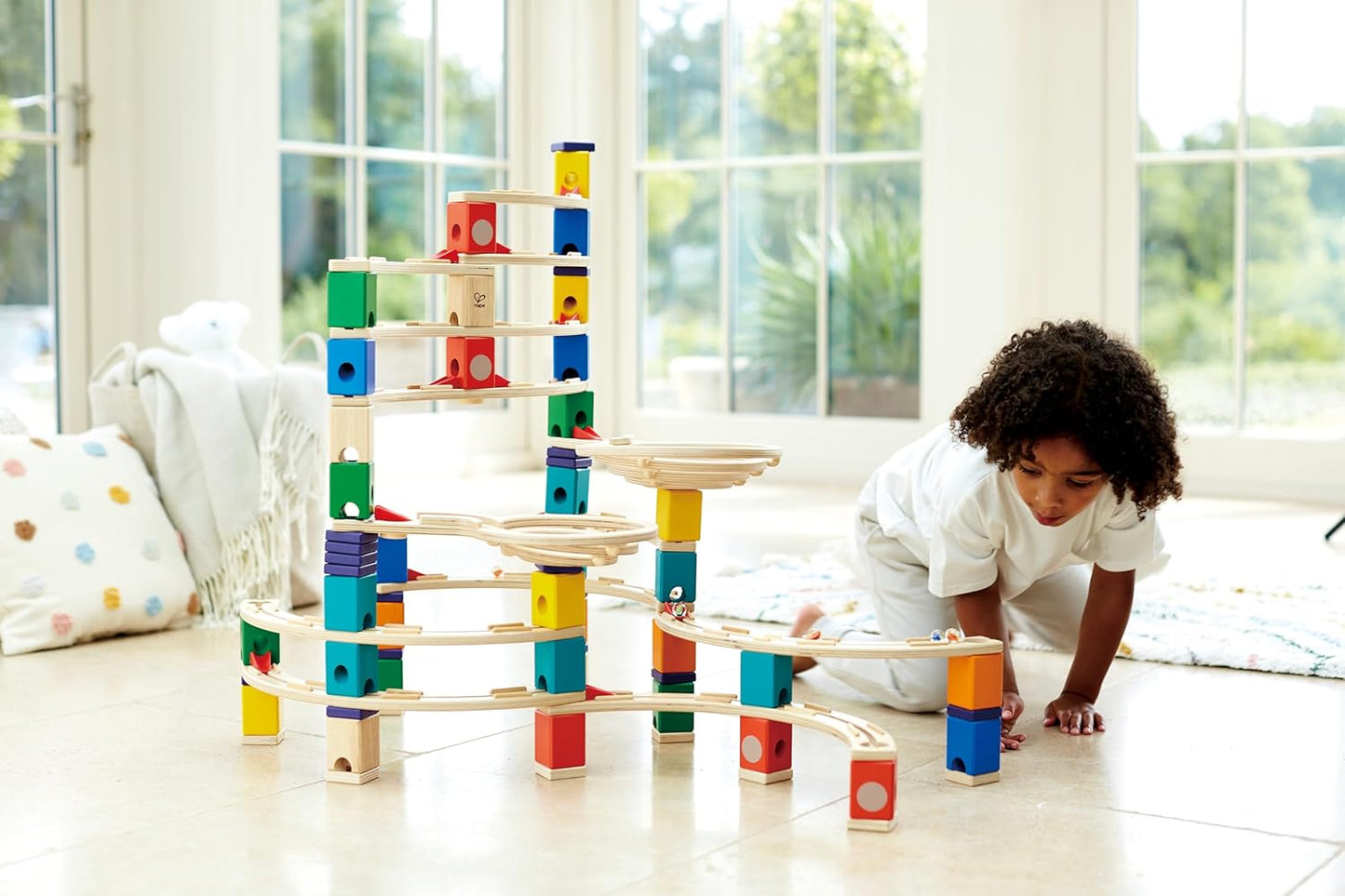 Hape Quadrilla Marble Run Wooden Construction Set with Colorful Blocks & Spiral Tracks for Creative Building Play