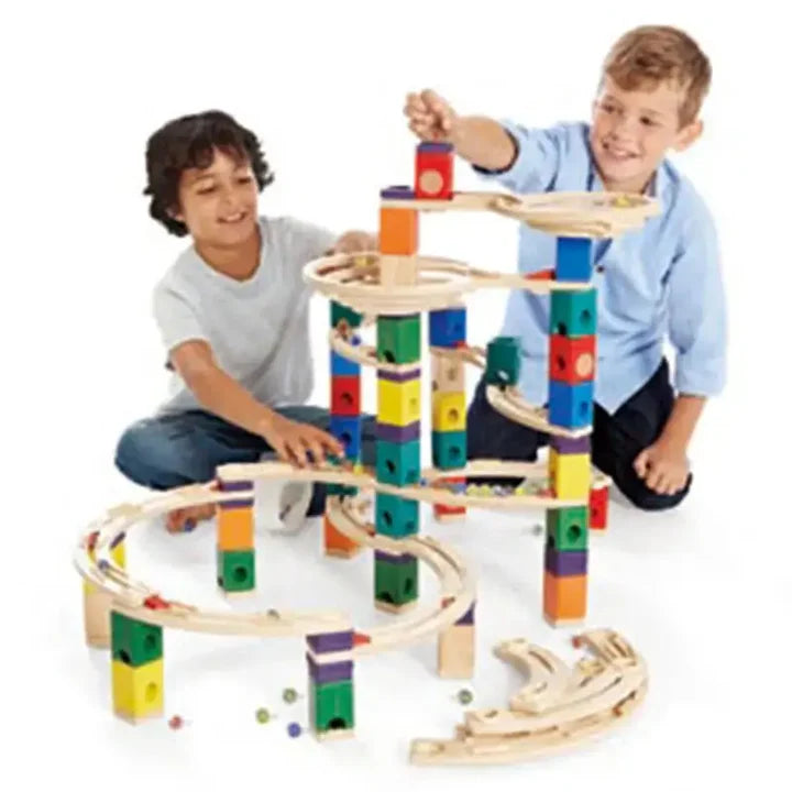 Hape Quadrilla Marble Run Wooden Construction Set with Colorful Blocks & Spiral Tracks for Creative Building Play