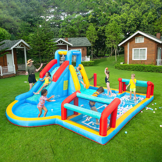 Giant Kids Inflatable Bouncy Water Park – Water Slide, Football & Volleyball Splash Pool, Ball Play Area & Climbing Wall (575×390×210cm)