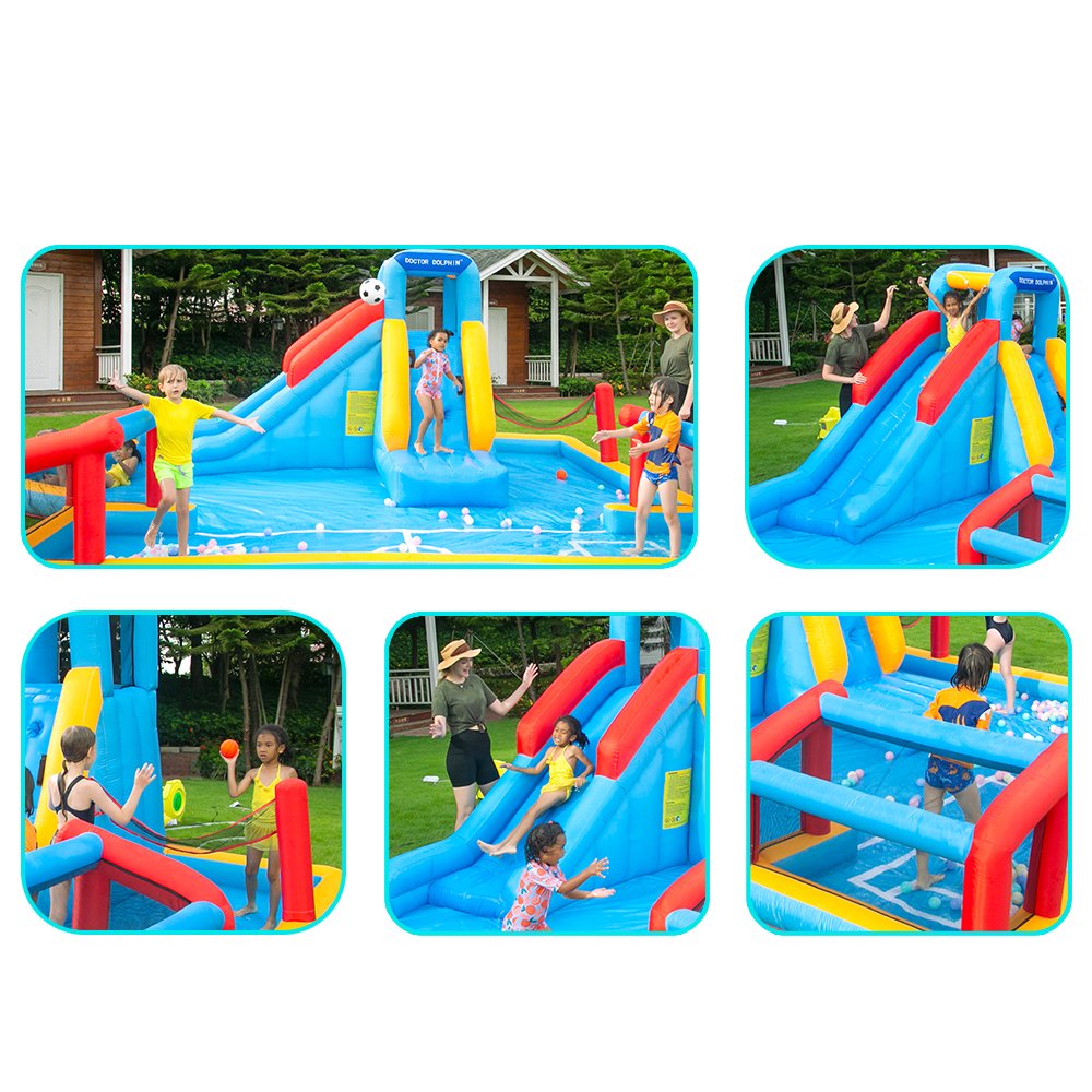Giant Kids Inflatable Bouncy Water Park – Water Slide, Football & Volleyball Splash Pool, Ball Play Area & Climbing Wall (575×390×210cm)