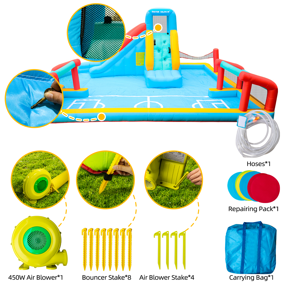 Giant Kids Inflatable Bouncy Water Park – Water Slide, Football & Volleyball Splash Pool, Ball Play Area & Climbing Wall (575×390×210cm)