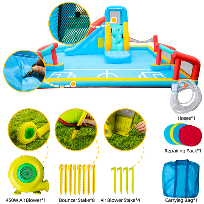 Giant Kids Inflatable Bouncy Water Park – Water Slide, Football & Volleyball Splash Pool, Ball Play Area & Climbing Wall (575×390×210cm)