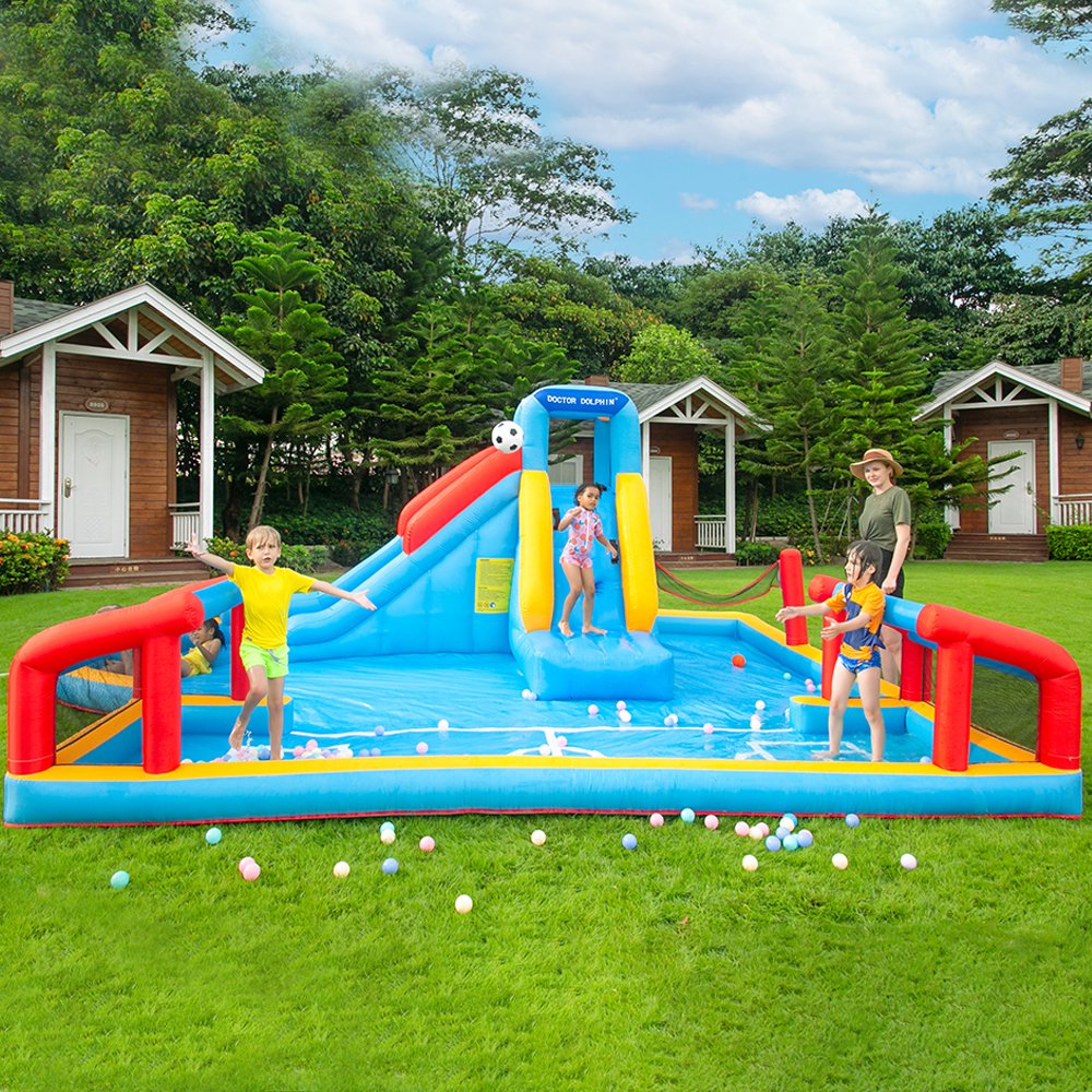 Giant Kids Inflatable Bouncy Water Park – Water Slide, Football & Volleyball Splash Pool, Ball Play Area & Climbing Wall (575×390×210cm)