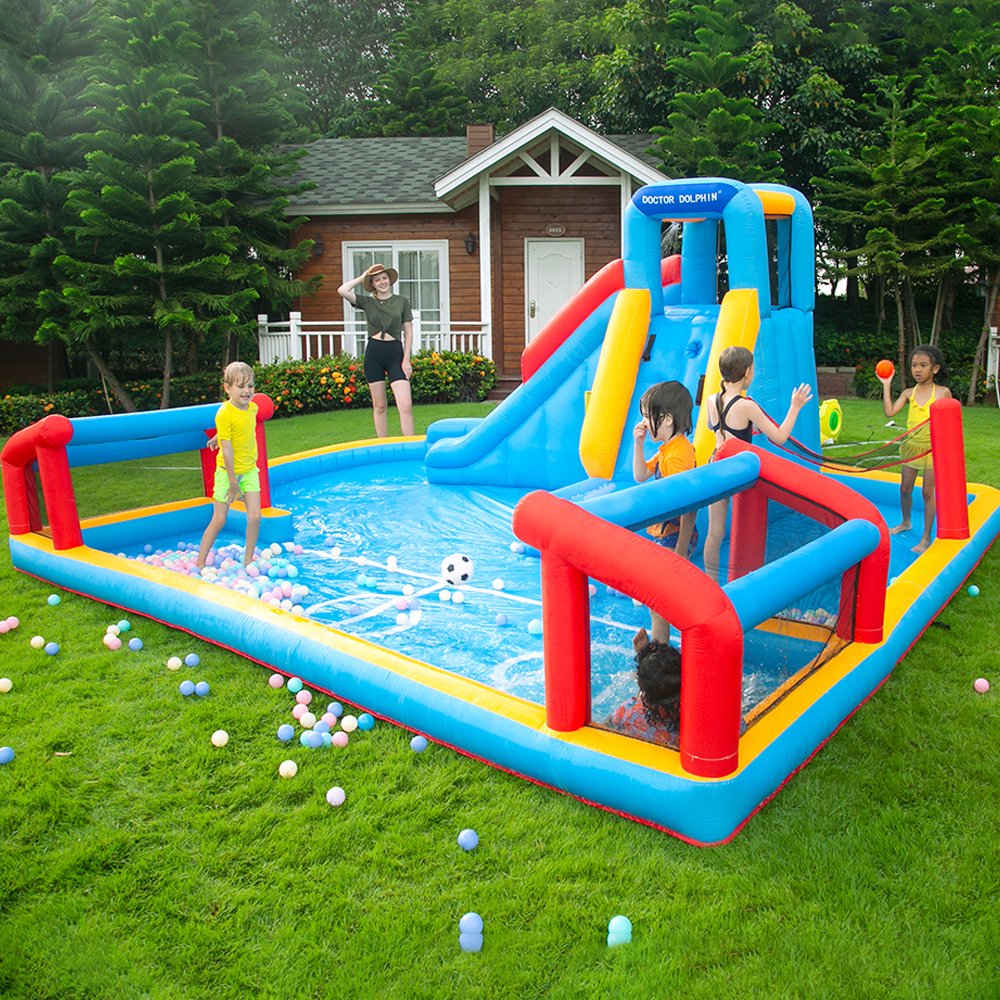 Giant Kids Inflatable Bouncy Water Park – Water Slide, Football & Volleyball Splash Pool, Ball Play Area & Climbing Wall (575×390×210cm)