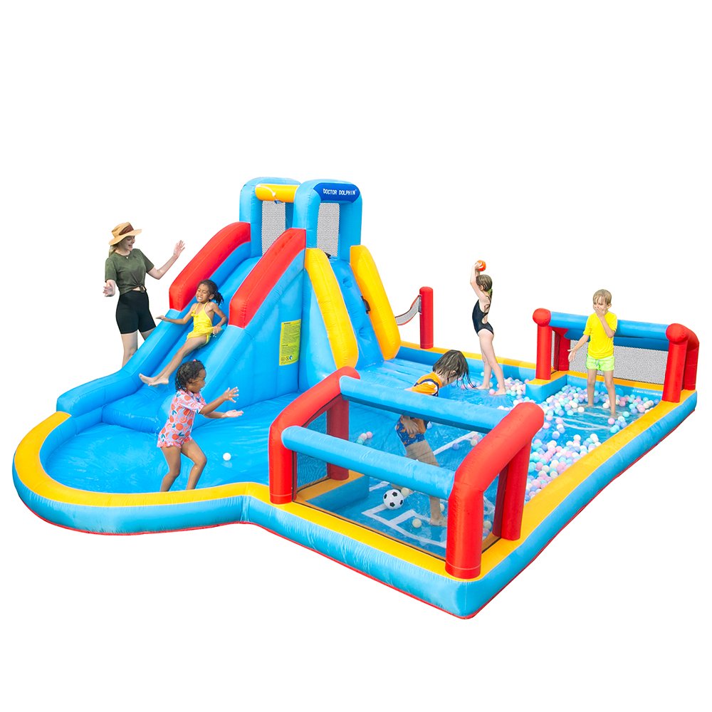 Giant Kids Inflatable Bouncy Water Park – Water Slide, Football & Volleyball Splash Pool, Ball Play Area & Climbing Wall (575×390×210cm)