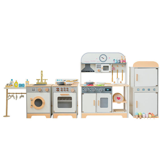 Wooden Kids Complete Kitchen Playset with Fridge, Washing Machine, Oven, Sink, Stove & Pretend Food Accessories