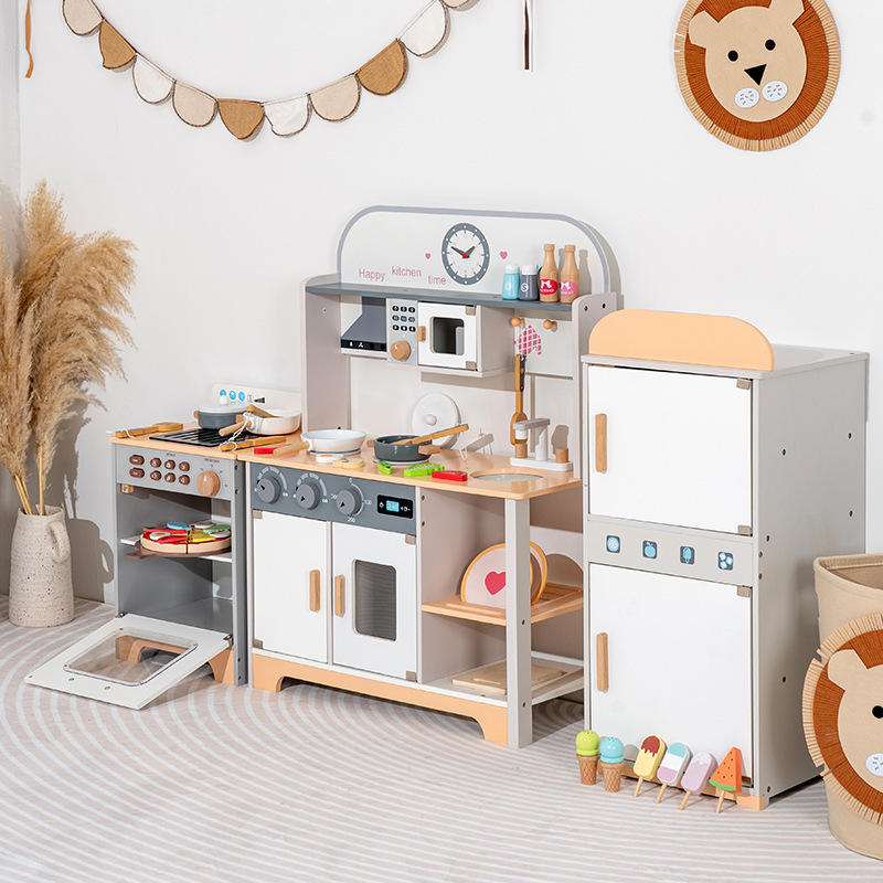 Wooden Kids Complete Kitchen Playset with Fridge, Washing Machine, Oven, Sink, Stove & Pretend Food Accessories