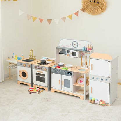 Wooden Kids Complete Kitchen Playset with Fridge, Washing Machine, Oven, Sink, Stove & Pretend Food Accessories