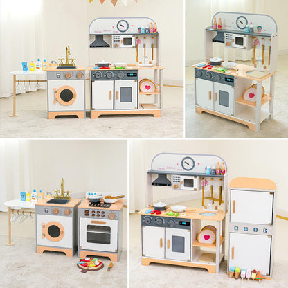 Wooden Kids Complete Kitchen Playset with Fridge, Washing Machine, Oven, Sink, Stove & Pretend Food Accessories