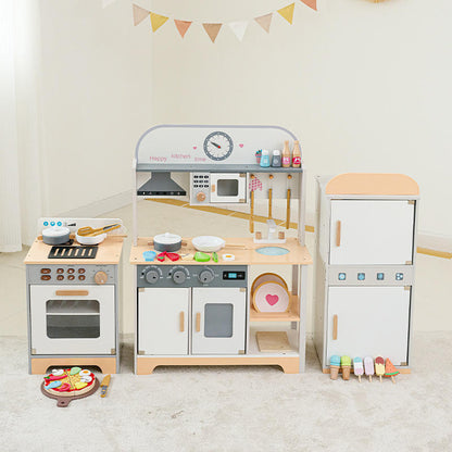 Wooden Kids Complete Kitchen Playset with Fridge, Washing Machine, Oven, Sink, Stove & Pretend Food Accessories