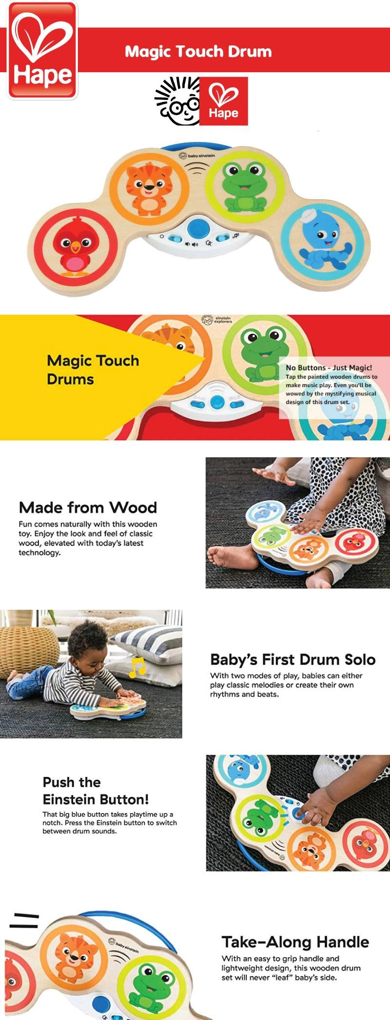 Hape Baby Einstein Magic Touch Drum Wooden Musical Toy with Animal Sounds & Lights for Toddlers