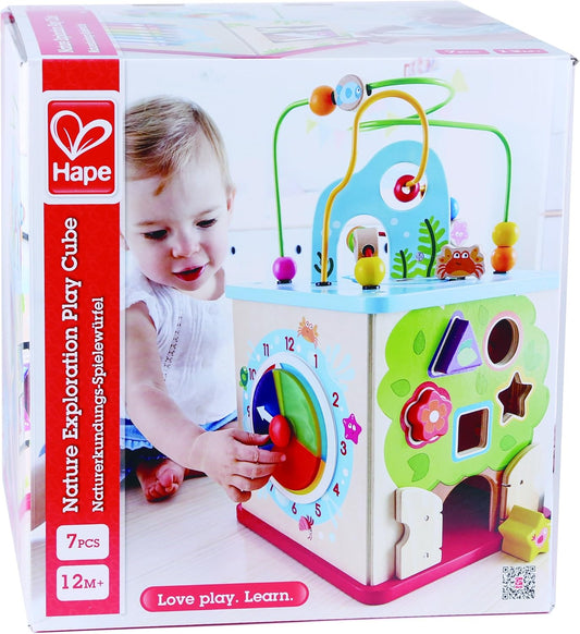 Hape Nature Exploration Play Cube Wooden Activity Toy with Bead Maze & Shape Sorter for Toddlers
